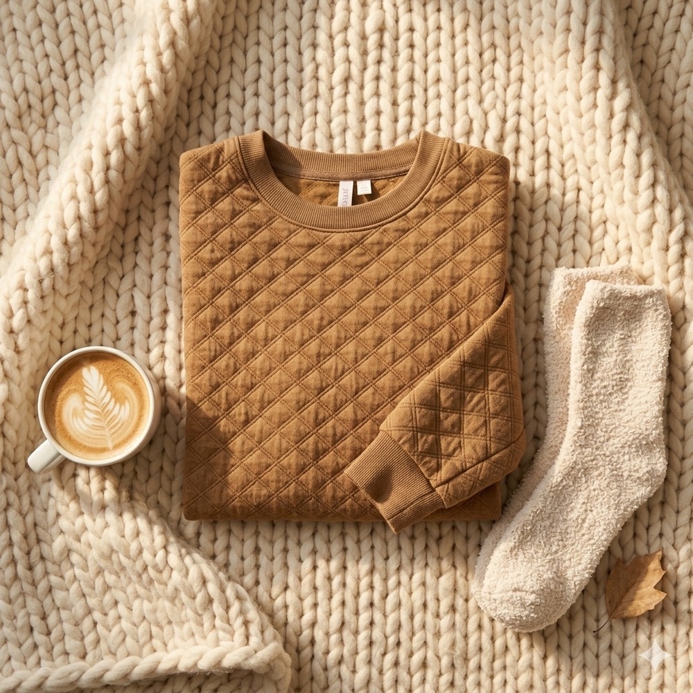 Quilted Diamond Pullover Sweatshirt JOYSPUN Brown S Soft Luxe Lounge cottagecore - Picture 3 of 11